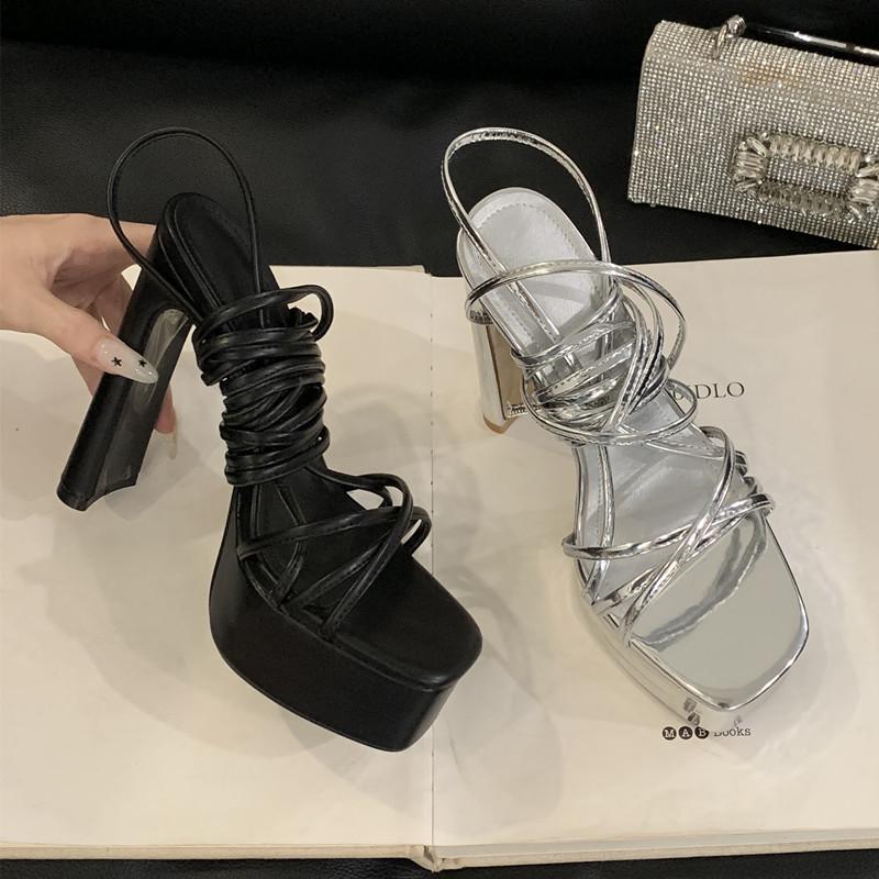 Mode 15cm Ultra High Heels Mode Plateau Wedges Damen Gladiator Sandalen Sexy Schmaler Riemen Knöchelriemen Nachtclub Party Klobige Schuhe