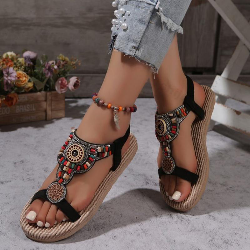 Fashion Flower Women Sandals Summer 2025 New Flat Bottom Bare Toes Outer Wearing Boho Style Vacation Women Beach Shoes Large Size 36-43