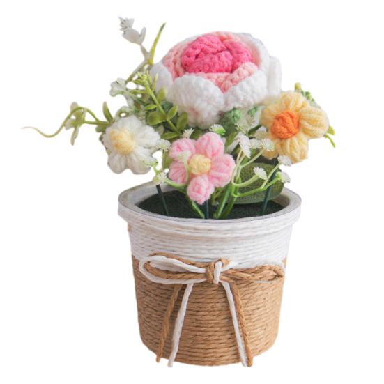 Handmade Crochet Flower Bouquet with Pot, Cute Little Knitted Potted Flower for Car Dashboard, Home Office Decoration, Gift for Birthday, Anniversary