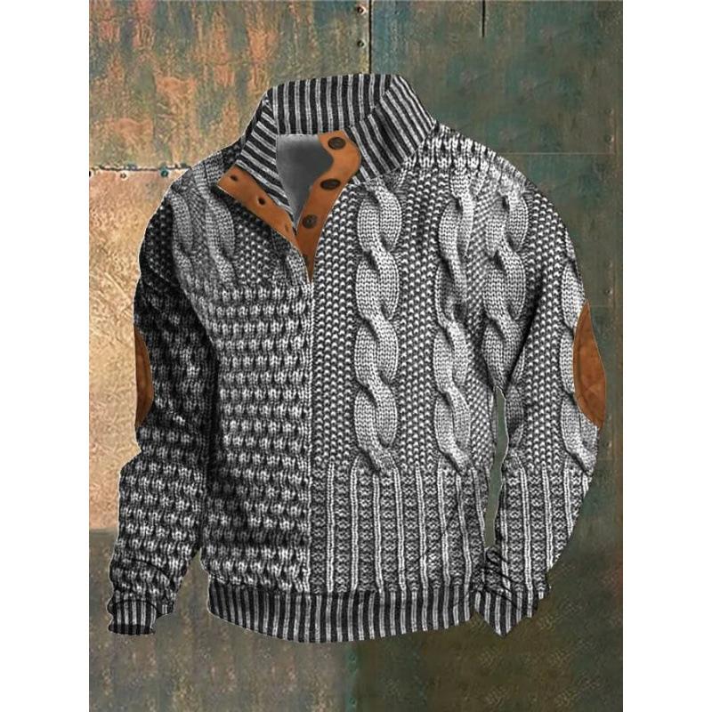 Men S 3d Printed Stand Collar Polo Sweatshirt With Buckle Streetwear
