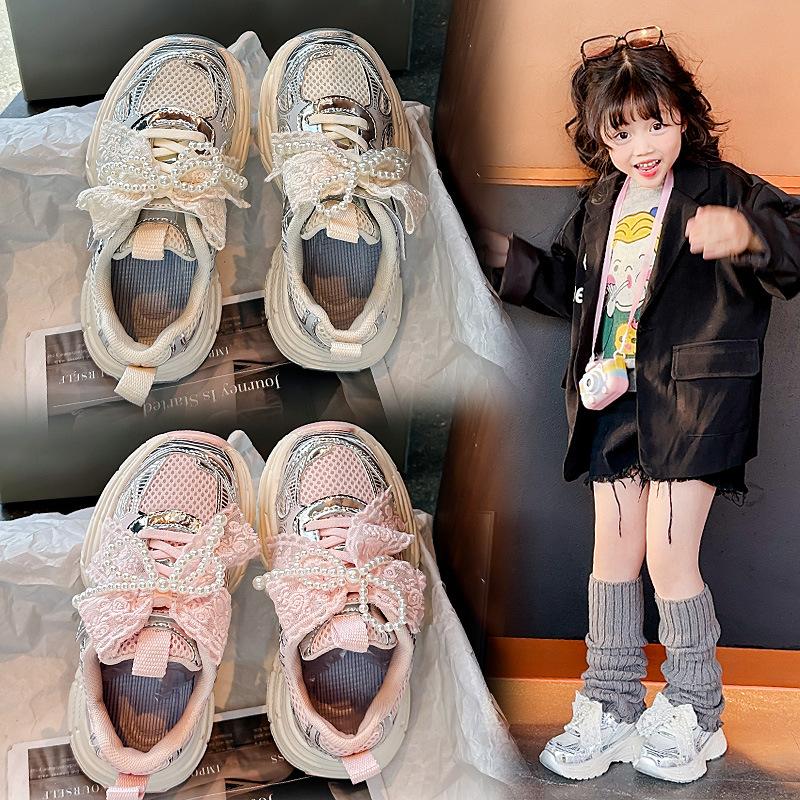 Cute Sneakers for girls2026New Spring/Summer Mesh Pearl Chinese Style Bowknot Dad Shoes Running Shoes