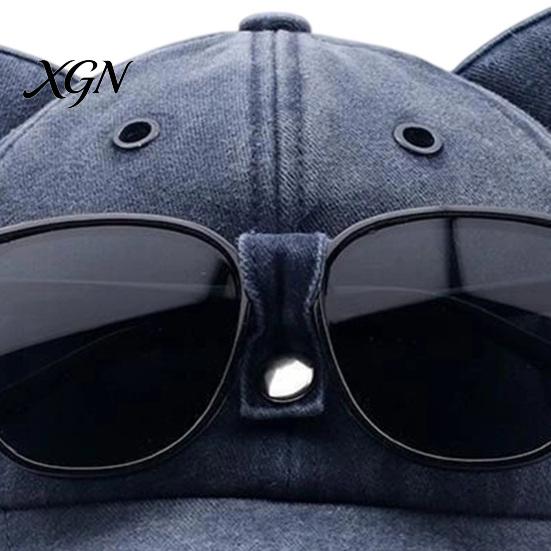 Unisex Hip Hop Cap Cat Ear Trucker Hat, Baseball with Detachable Sunglasses, Fashionable Outdoor Sun Hat Adjustable Pilot Style for Travel UV