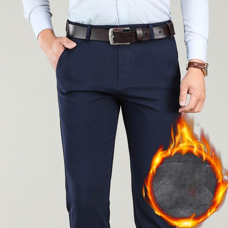 2024 Winter Plush Thick Pants Loose Business Casual Pants Men'S Slimming High Waist Straight Stretch Pants