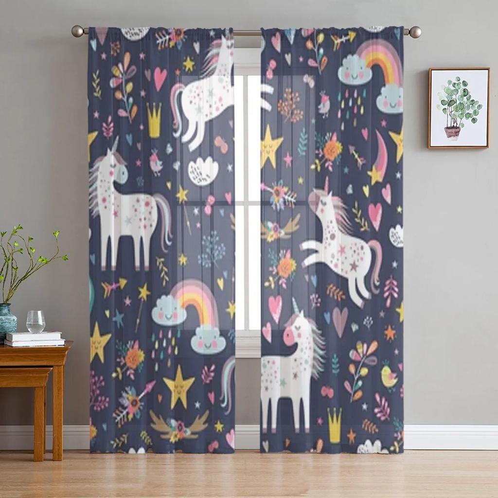 Cartoon Cute Unicorn Tulle Sheer Window Curtains For Living Room The Bedroom Modern Chiffon Voile Curtains Fabric Drapes