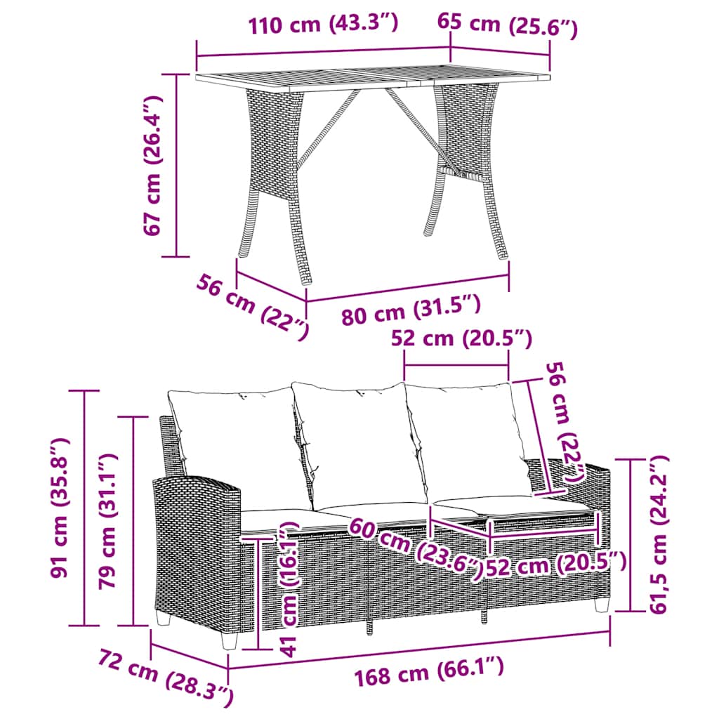 3 Seater Garden Sofa with Cushions & Table Beige Poly Rattan