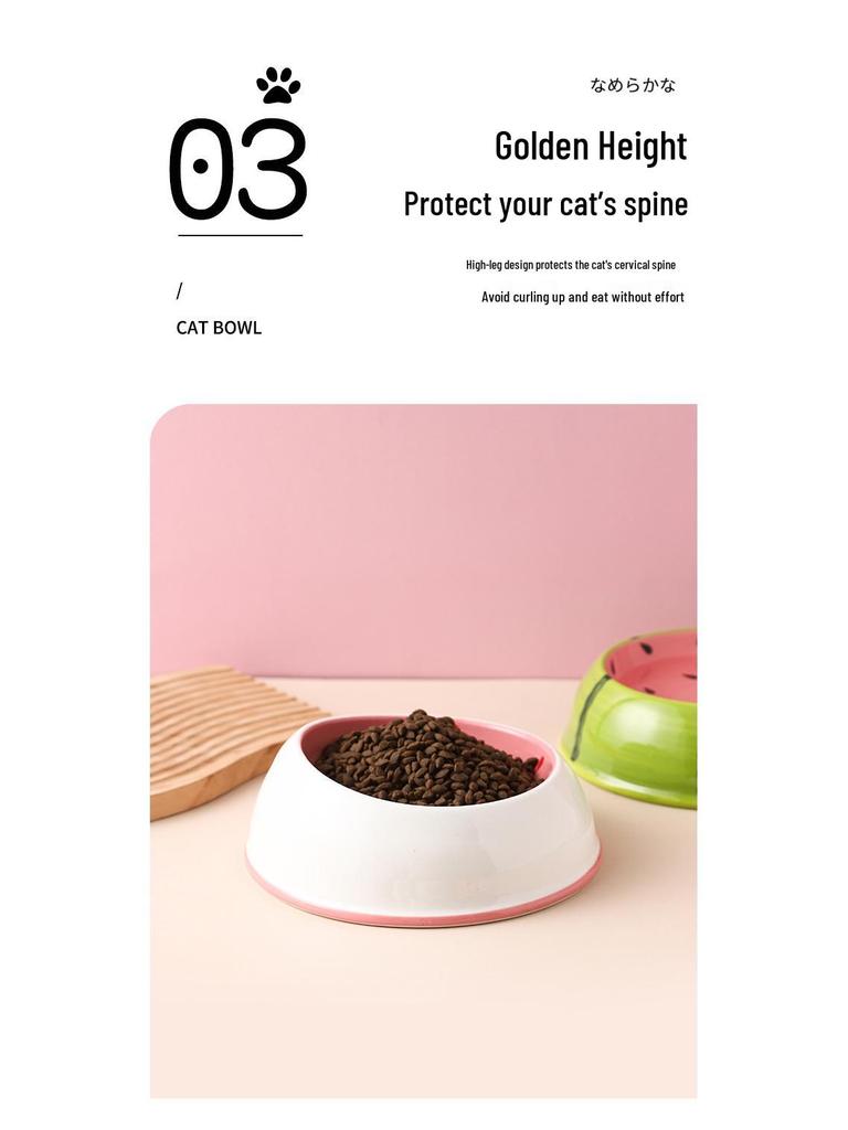 Ceramic High-Leg Cat Bowl, Large-Diameter, Slanted, Anti-Tip, Neck Protection, Cute Japanese Style for Cats and Dogs.