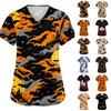 Women's V Neck Halloween Print Short Sleeve Medical Scrub Top with Pocket Side Slit Design Suitable for Healthcare Professionals