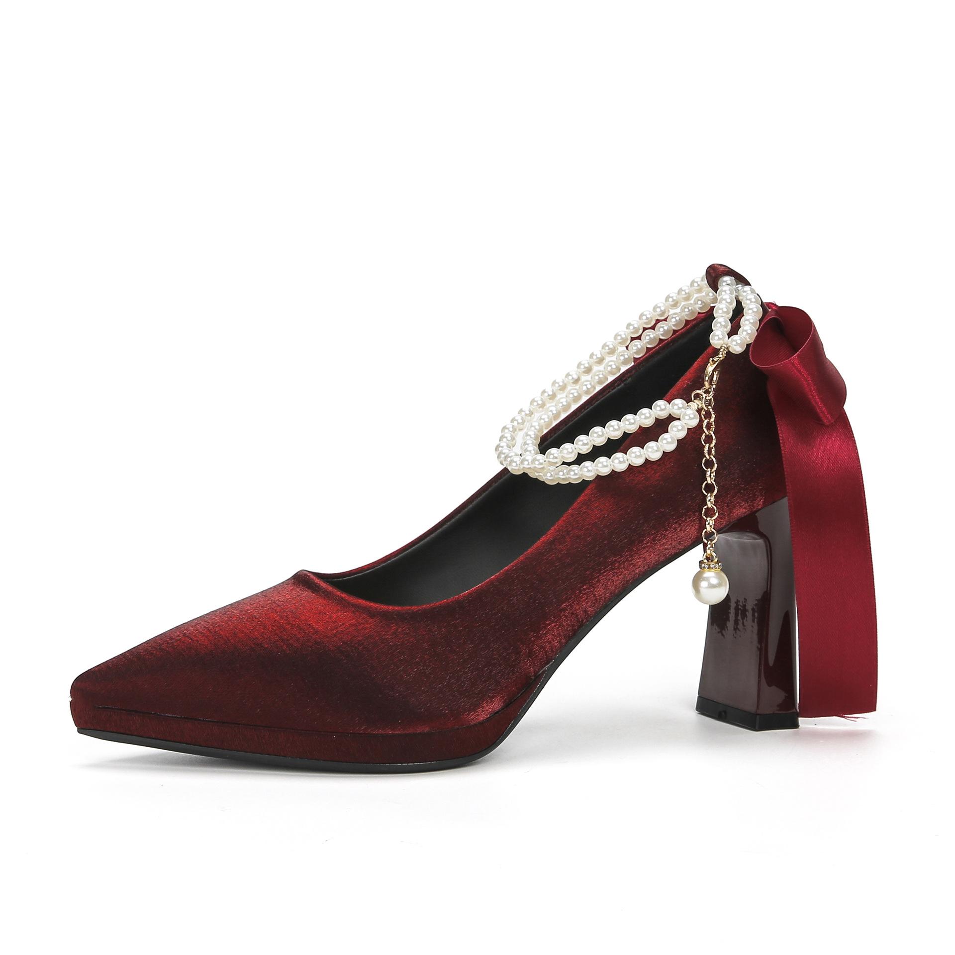 

8066-7 temperament French suede pointed thick heel high heels women s bow pearl waterproof table high heel single shoes 34