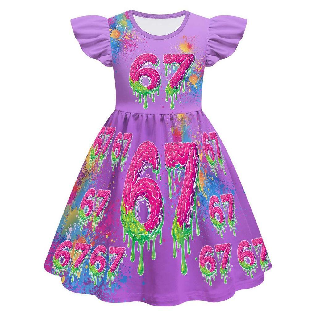 82886 Kids Girls Steal a Brainrot 67 Print Ruffle Sleeveless Princess Dress