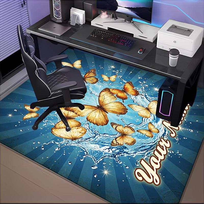 1PC Custom Name Butterflies Water Splash Theme Floor Mat Ideal for Living Room, Game Rooms, Office, Bedroom, Floor Mat Playful Design