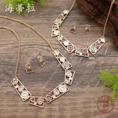 New Color Painting Oil Hollow Geometric Round Stud Earrings Necklace Set, Women's Exaggerated Square Necklace.