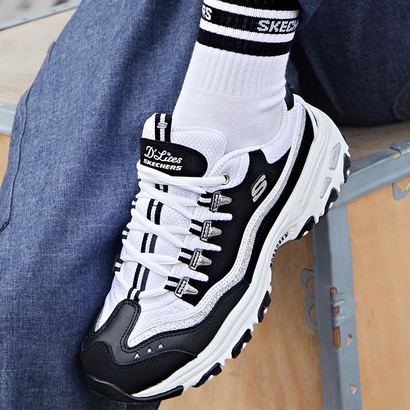 Skechers D'Lites Cushioning Lightweight Height Increasing Low top Chunky Sneakers Women's Black White (Unisex) Chunky Sneakers 11914 BKW