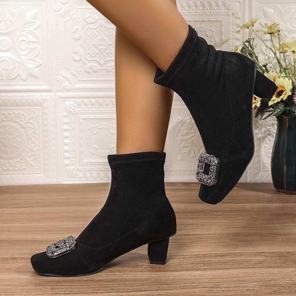 French Thick Heel High Heel Short Boots Women's Autumn and Winter Rhinestone Square Buckle Elastic Thin Boots Light Luxury Temperament Pointed and