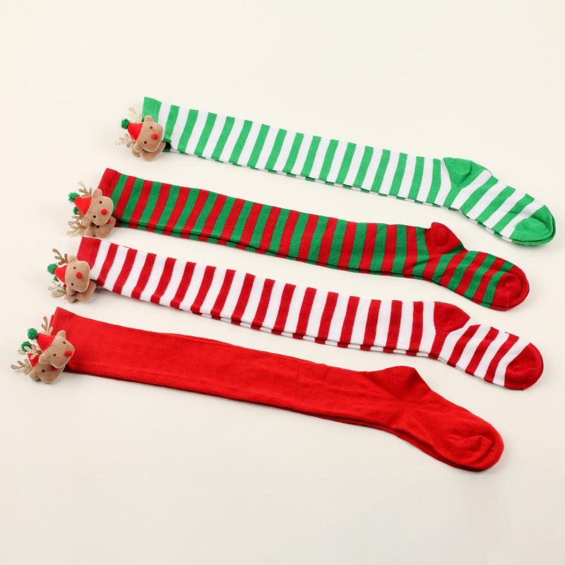Women Christmas Over Knee Long Socks Cartoon 3D Elk Bowknot Striped Print Thigh High Stockings Holiday Party Hosiery