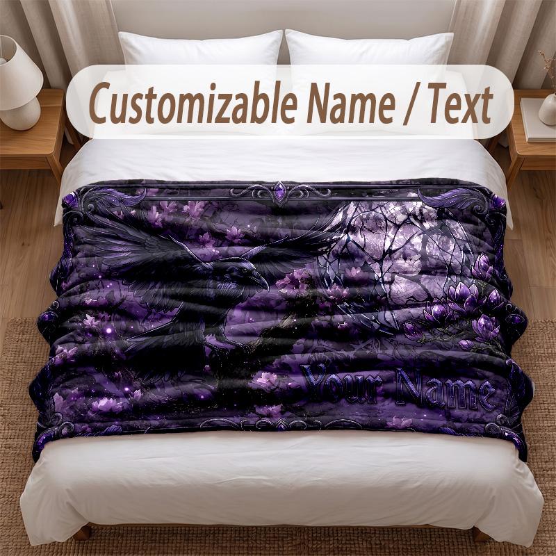 Bat Raven Theme Soft Blanket Personalized Custom Name Text Print Warm Blanket Home Sofa Bedroom Decor
