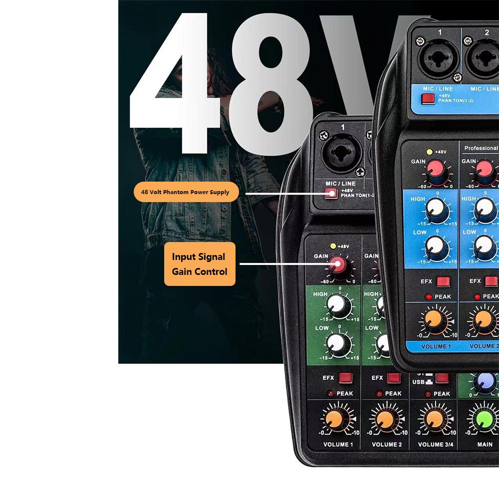 Professional Audio Mixer 4 Channel Digital USB BT MP3 Computer Input 48V Phantom Power Stereo Portable Sound Mixing