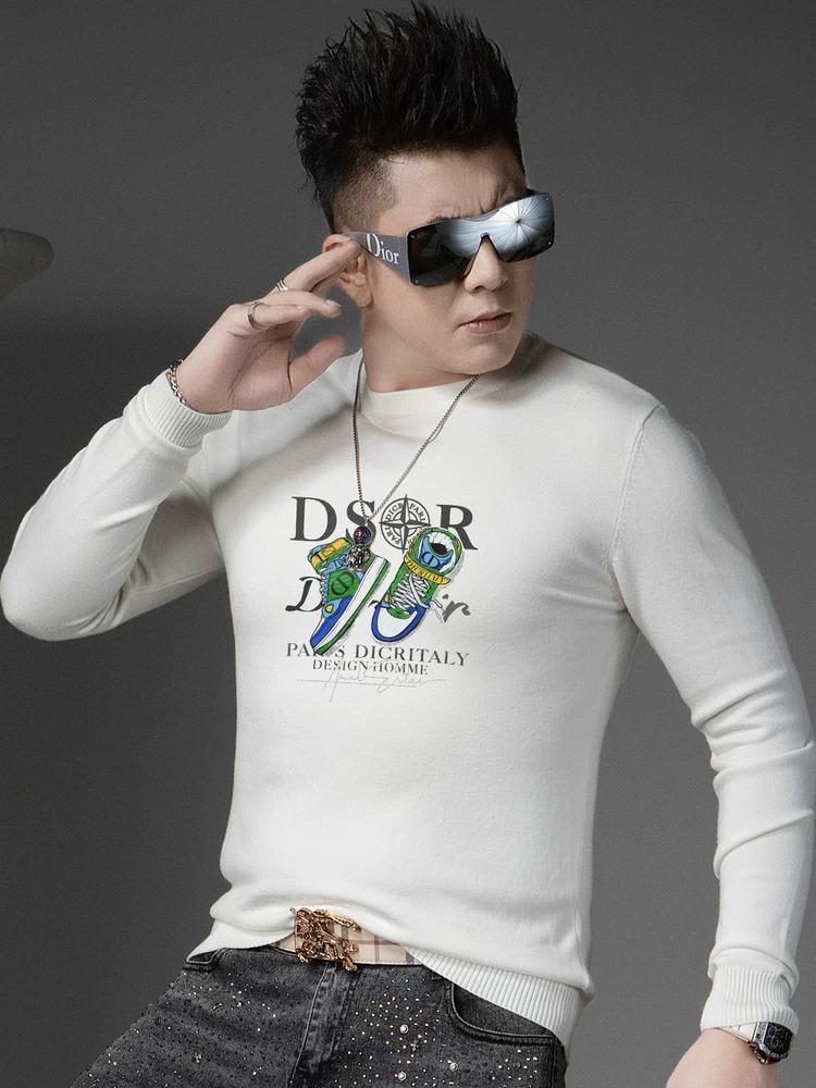 

European Style Trendy Printed Crew Neck Sweater for Men, Warm Base Layer Pullover Knitwear for Autumn and Winter 4XL чёрный