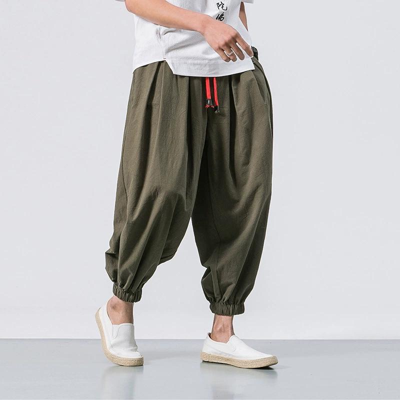 Men's Spring and Autumn Plus Size Solid Colour Loose Wide Legged Trousers Thin Section of Breathable Elastic Waist Drawstring Feet Lantern Trousers