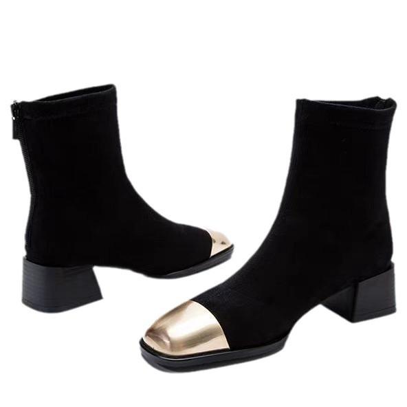 2025 autumn and winter new European and American square head thick heel high heel thin boots women French bare boots versatile short boots women
