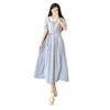 French temperament blue striped shirt dress women's summer new small retro lace-up long skirt