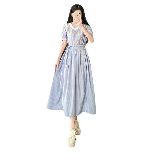 French temperament blue striped shirt dress women's summer new small retro lace-up long skirt