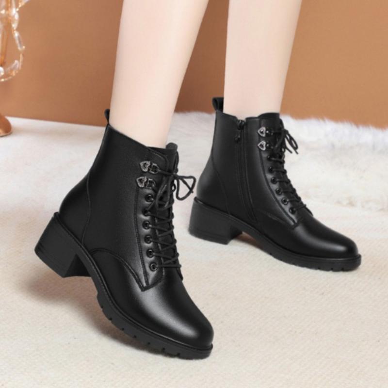 Women's Autumn and Winter Short Boots, Chunky Heel Boots, Fleece-lined Leather Shoes, Warm Cotton Shoes