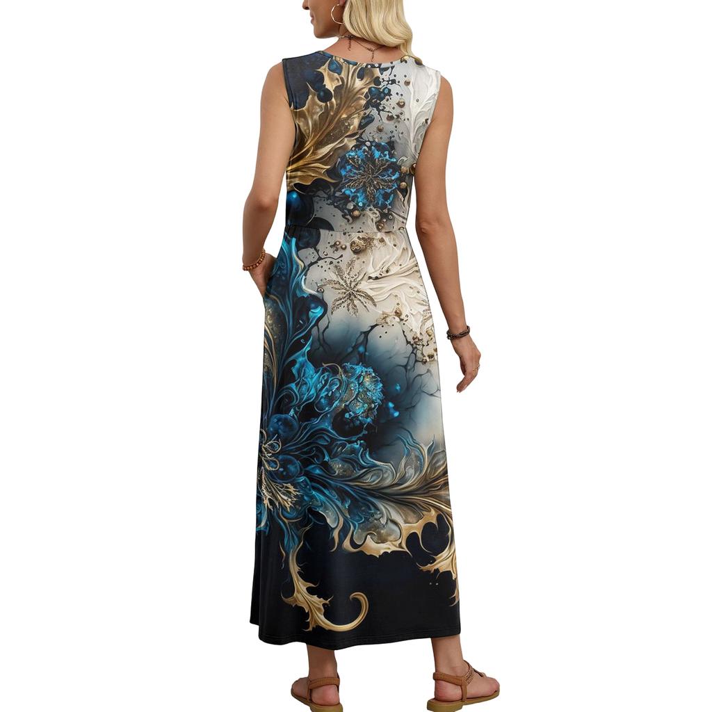 Ladies' Floral Print Casual And Fashionable Waist Cinched Sleeveless Dress