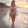 Non-slip Bikini Top 2Pcs/Set Set for Women, Knitted Hollow Fabric Halter Bra with Chest Pad Lightweight Summer Swimwear No Steel Support, Lace-up