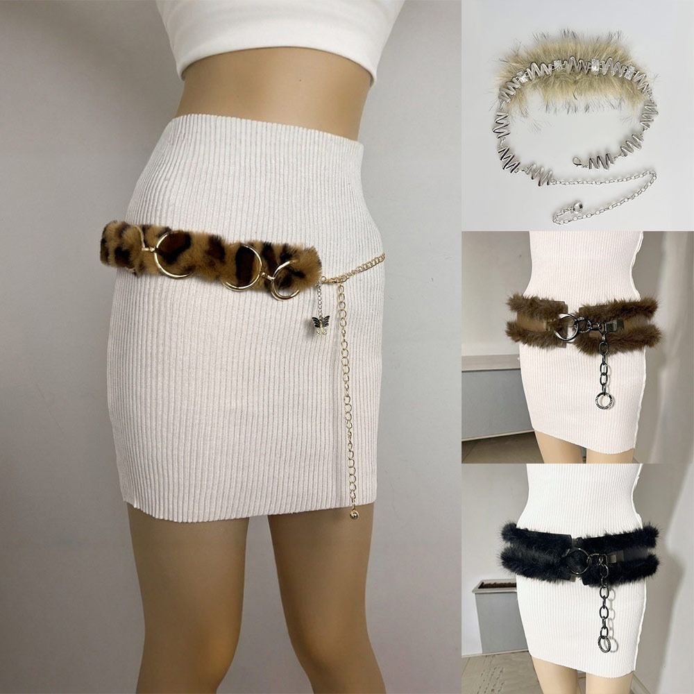 

PU Leather Punk Fur Belt with Chain Waistband Jeans Pants Decor Plush Waist Chain 1