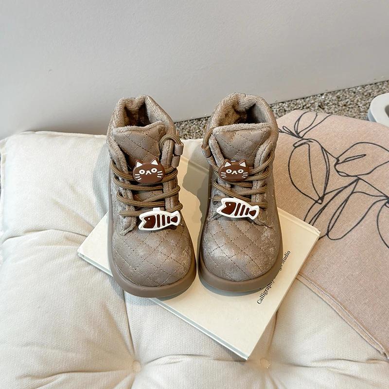 Cute Winter Girls' Boots Cartoon Cat Trend Children Fashion Thick Bottom Cotton Boots 2024 New Versatile Kids Causal Ankle Boots