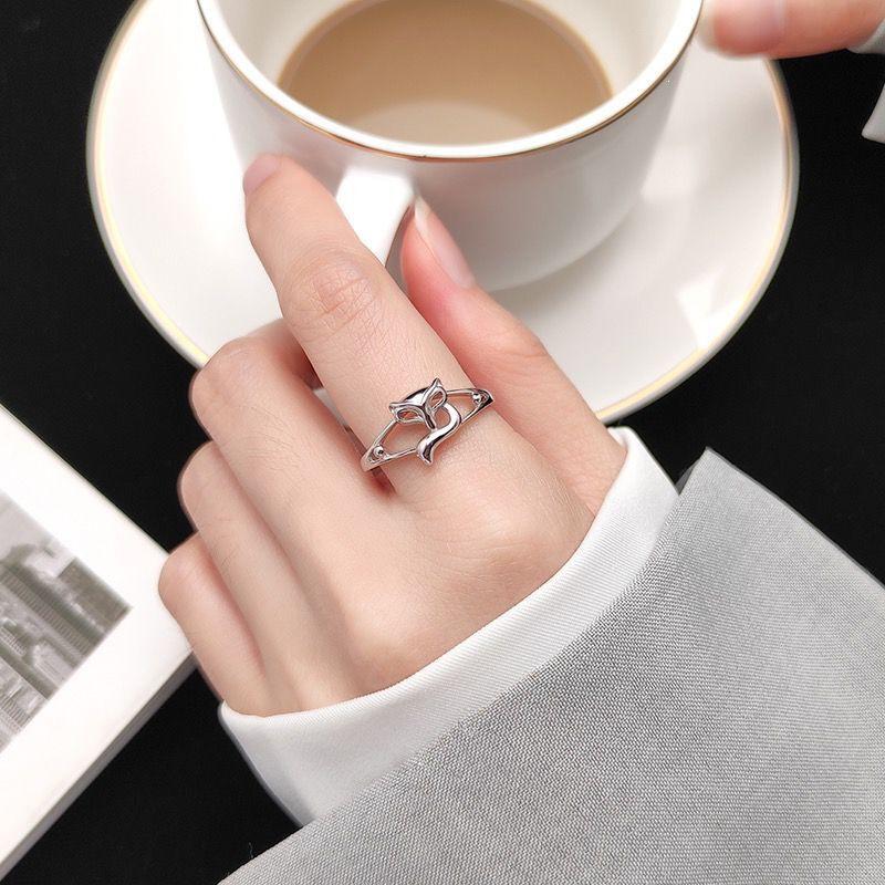 925 Sterling Silver Plated Korean Style Fox Ring - Women's Elegant, Personalized Hollow Design