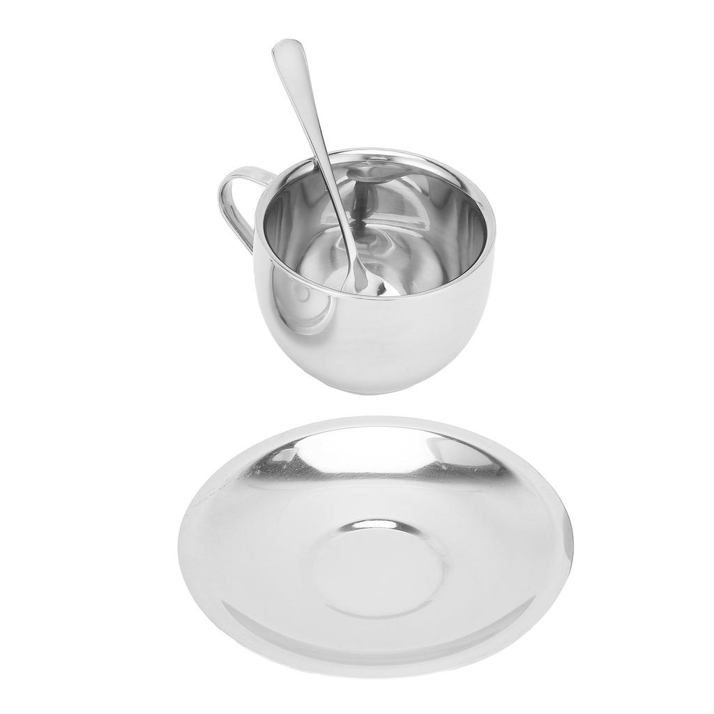 Kaffeetasse Edelstahl Doppelschicht Isolierung Milchbecher mit Löffel Untertasse Haushalt(Silber 180ML)