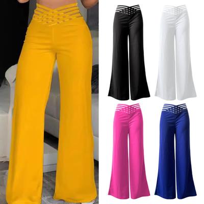 Women High Waist Long Pants Hollow Elastic Waistband Wide Leg Casual Trousers Solid Color Loose Fit Trousers