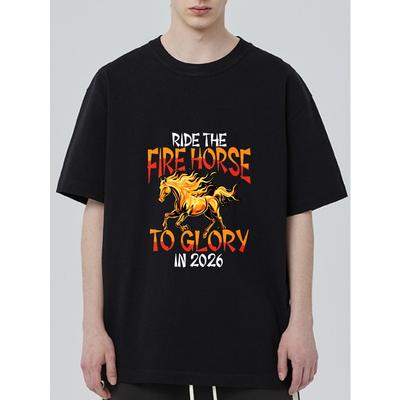 T-shirt à col rond Noir Chevauchez le Cheval de Feu vers la Gloire Impression Graphique Vêtement Décontracté Pour Hommes et Femmes Unisexe Streetwear Déclaration de Mode Haut