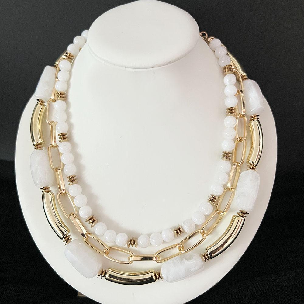 Fashionable multi-layered faux natural stone necklace creative geometric bead necklace for women белый