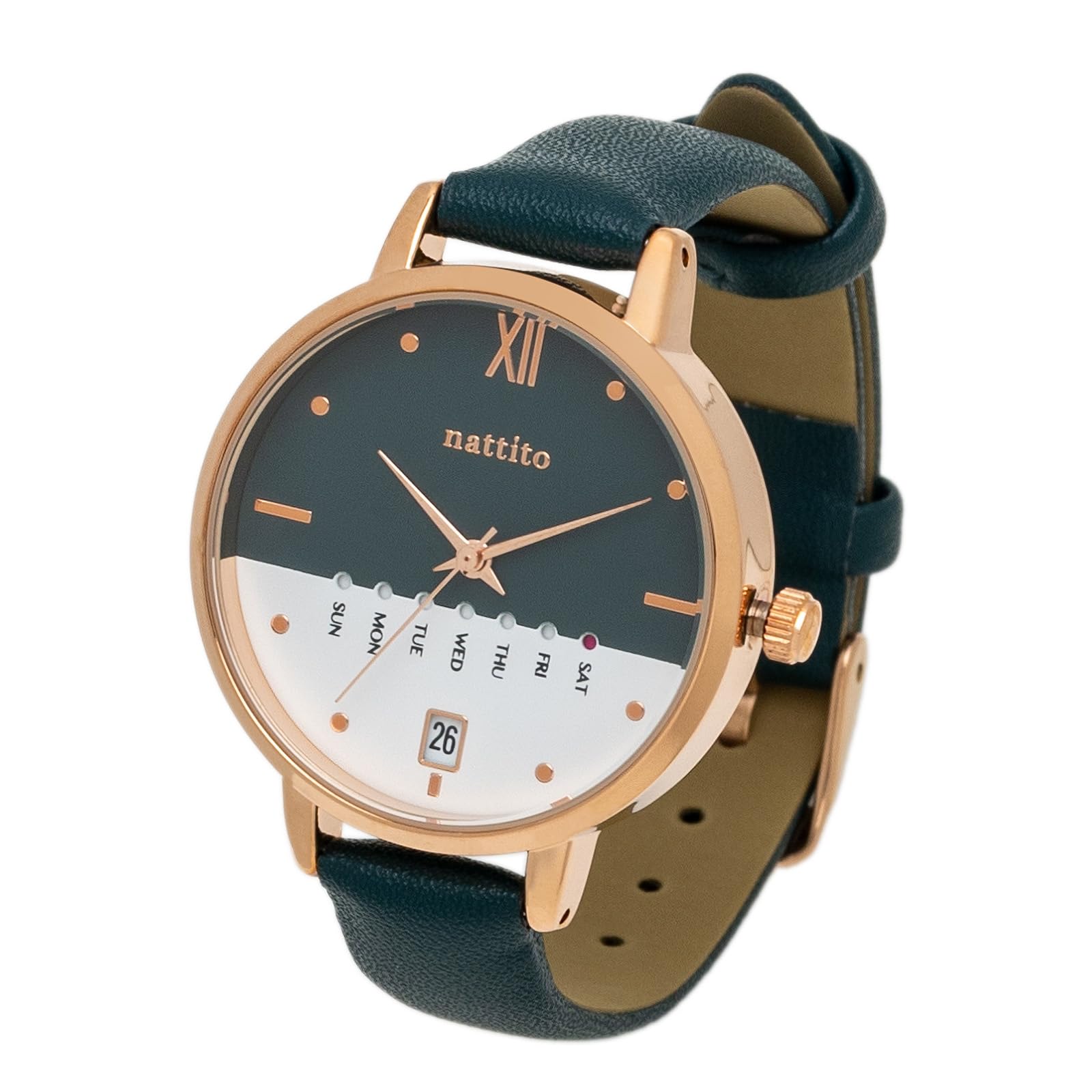 

Fieldwork Analog Watch with Leather Day of the and Date Dario Women s Strap, Calendar, Week, Display, Green, GY079-3