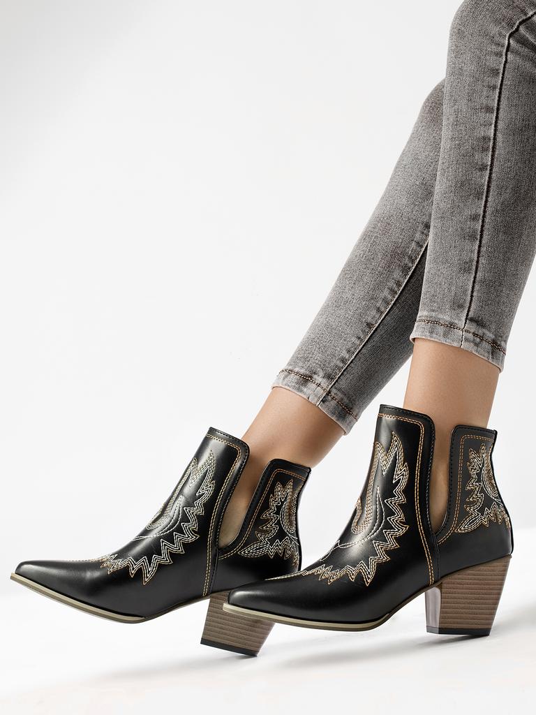 Fashion Classic Embroidered Leather Western Boots Woman Vintage V-Cut Ankle Booties Ladies Point Toe Block Heel Slip-on Autumn Shoes