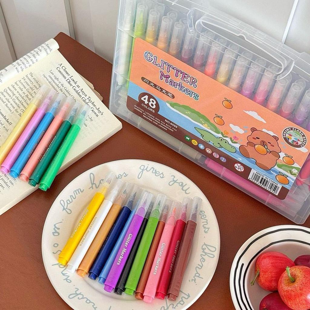Cross-Border Capybara Glitter Cartoon Marker Pen - Triangle Barrel, Metallic Soft Tip, DIY Brush Style