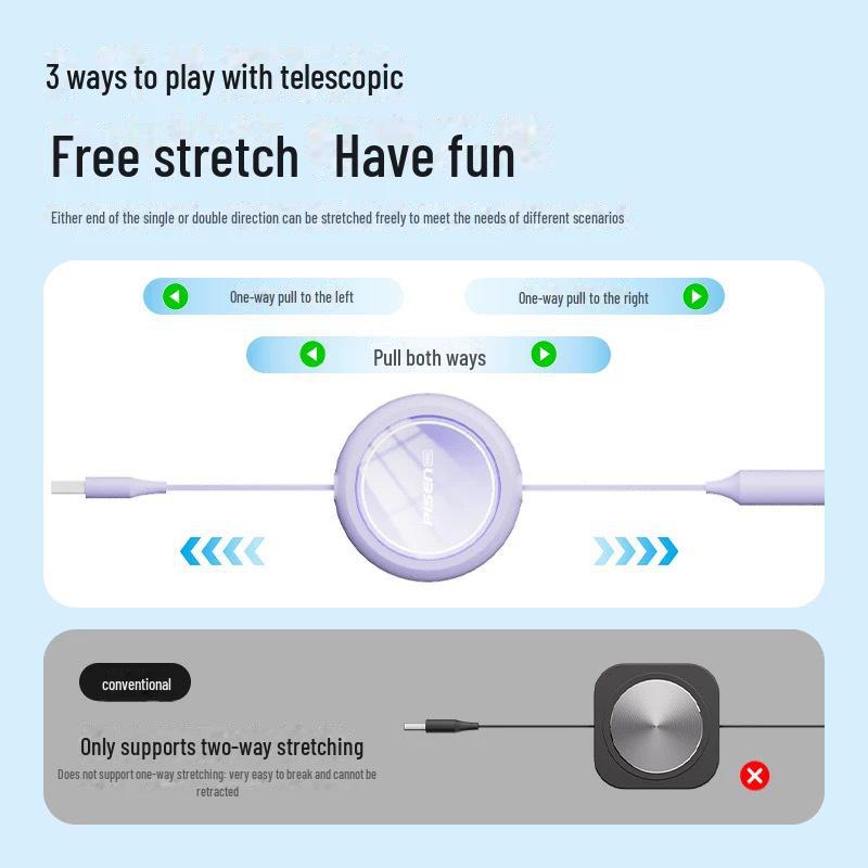 PISEN 3-in-1 Retractable Fast Charging Cable for Apple, Huawei, and Type-C Devices.