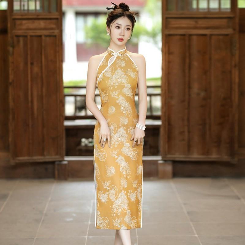 Yellow Floral Brocade Cheongsam Dress Women Sleeveless Stand Collar Retro Modern Qipao Evening Gown Small