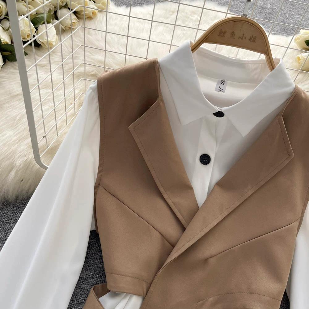 Hochwertiger zweiteiliger Anzug, Damen Herbstmode, Ausländischer Stil, Modisches Layering, Kurzes Westentop, Weißes langärmeliges Hemd