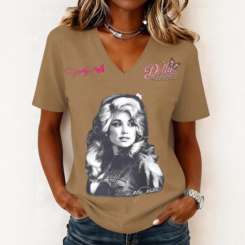 Women's Casual Letter Print V-Neck Short Sleeve Pullover Top