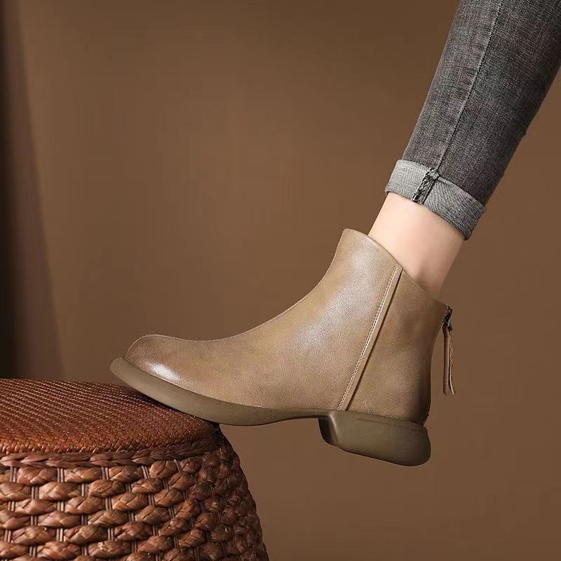 Soft Leather Covered  Boots Women's Autumn and Winter Rear Zipper Women's Boots Soft-soled Short Boots