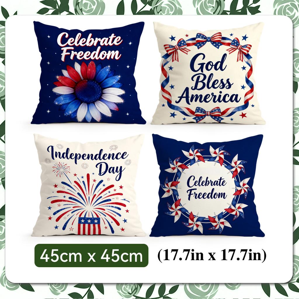 4 Pcs Independence Day Floral Bow Single-Sided Printed Pillowcase Cushion Cover,Suitable For Living Room,Bedroom,Car Decoration