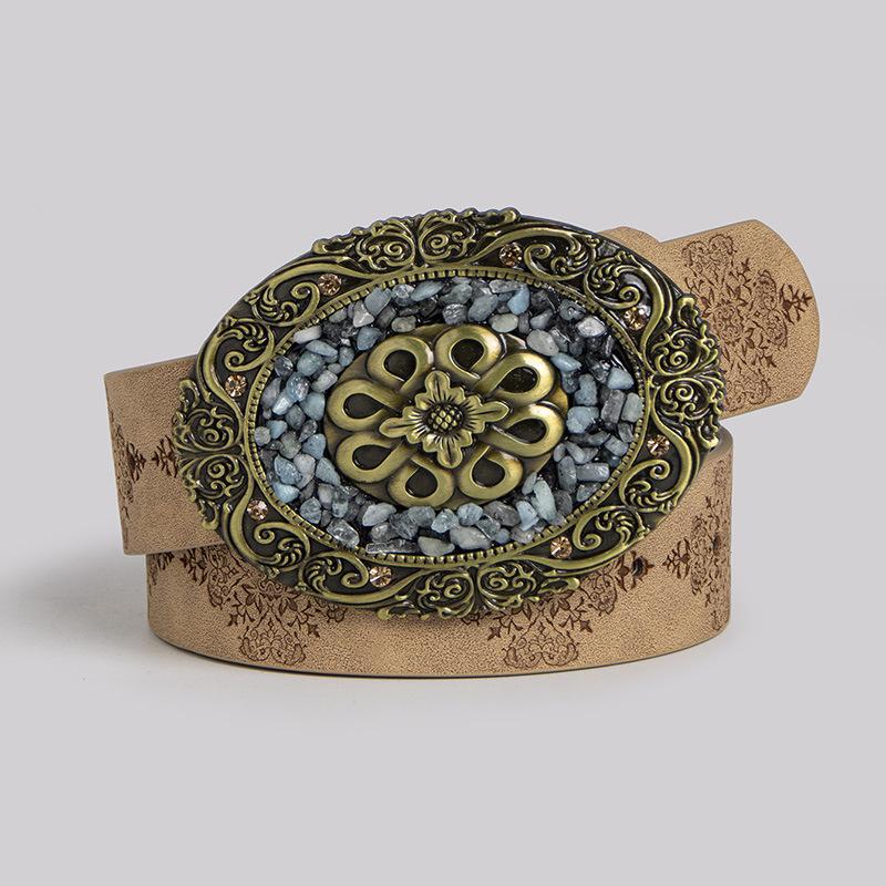 European and American Women's Belts, Western Style Women's Personalized Fashion Decoration Turquoise Retro Embossed Belt