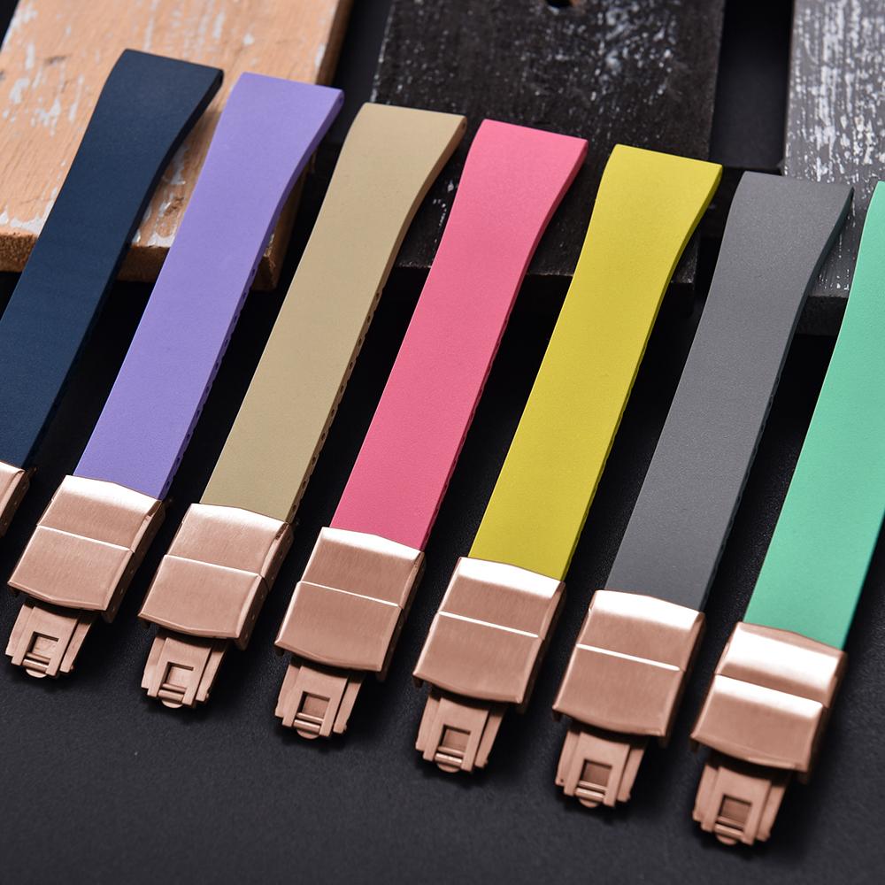 New Fluoro Rubber Watch Band CTS FKM Strap 16 18 19 20 21 22mm Cut to Size Fast Release Adjustable Universal Rose Gold Buckle