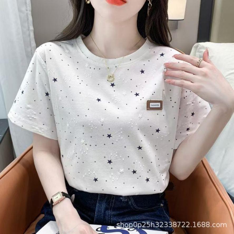 

YYFS Женские модные повседневные летние весенние блузки и рубашки с коротким рукавом и круглым вырезом с принтом звезд XXL белый