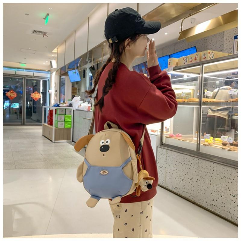 Japanese Ins Cute Puppy Backpack Women's Large-capacity Cartoon Funny Canvas Cross-body Bag Soft Student Schoolbag