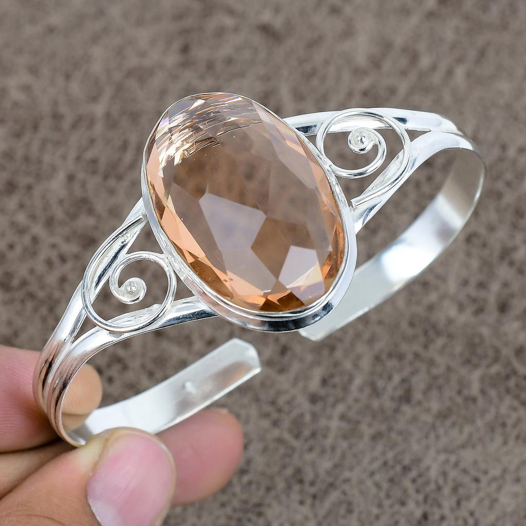 Morganite Gemstone Handmade 925 Sterling Silver Cuff Bangle Adjustable KKG-225