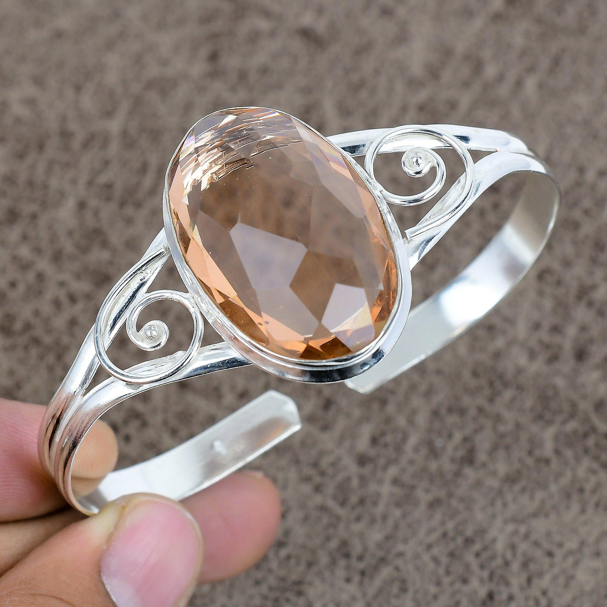 

Morganite Gemstone Handmade 925 Sterling Silver Cuff Bangle Adjustable KKG-225